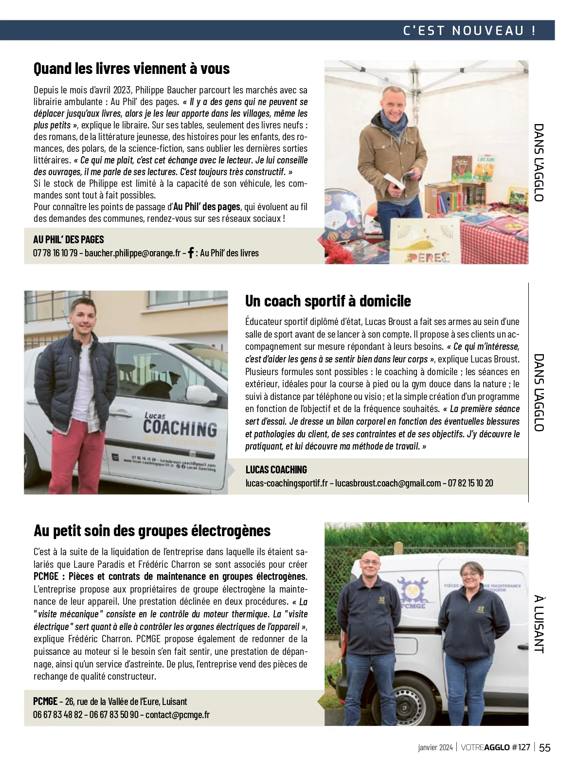 Page 55 du magazine chartrain Votre Agglo numéro 127 de Janvier 2024, comprenant l'article sur la société PCMGE intitulé Au petit soin des groupes électrogènes